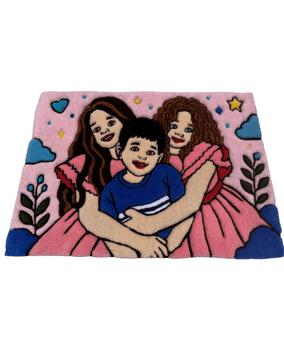A hand-tufted portrait rug in soft dusky pink, capturing three cherished faces wrapped in a warm embrace, framed by stars, hearts, and clouds against a dreamy night sky. A deeply personal custom piece made from your own photo — a one-of-a-kind keepsake for the wall or floor