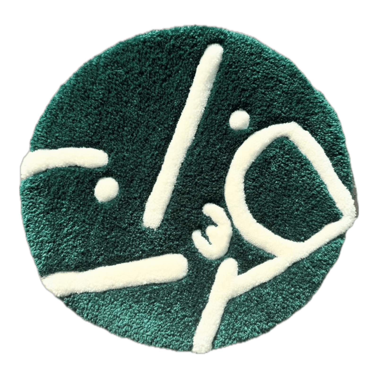 A hand-tufted circular rug in deep green, featuring a bold abstract white line design. A minimalist, statement-making piece with striking contrast.