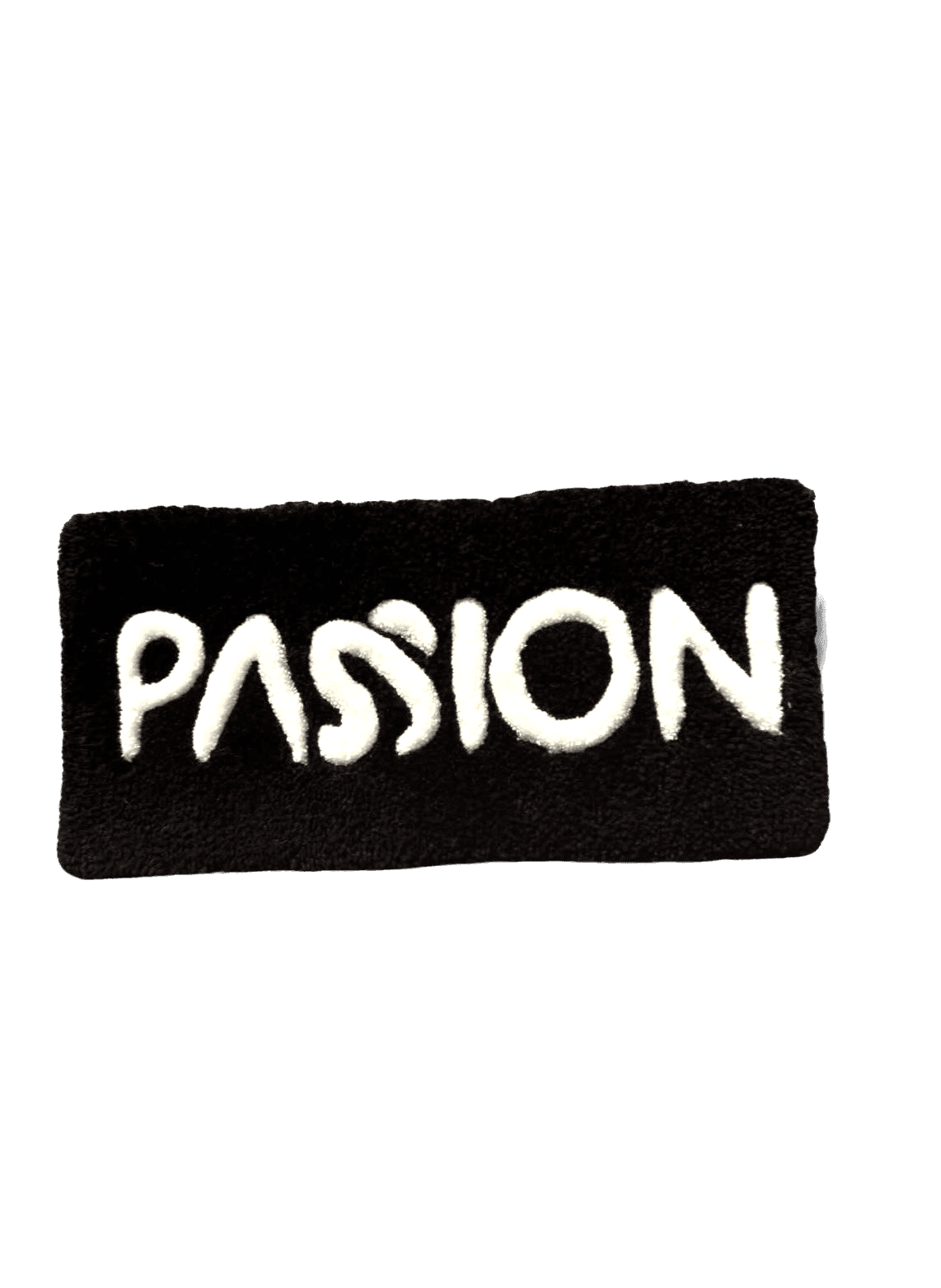 A bold custom logo rug in black with hand-tufted white bubble lettering spelling 'PASSION.' Clean, high-contrast design perfect as a studio or brand statement piece. Handcrafted for Passion Studio, Jerusalem's women-only indoor cycling club.